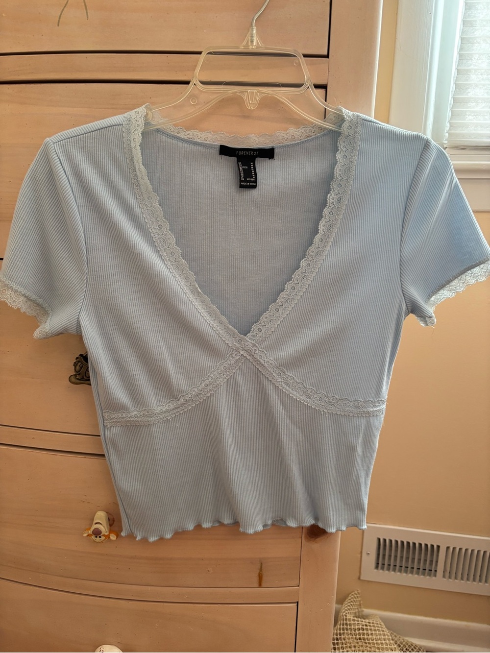Forever 21 Pale Blue Lace-Trim Ribbed V-Neck Crop Top